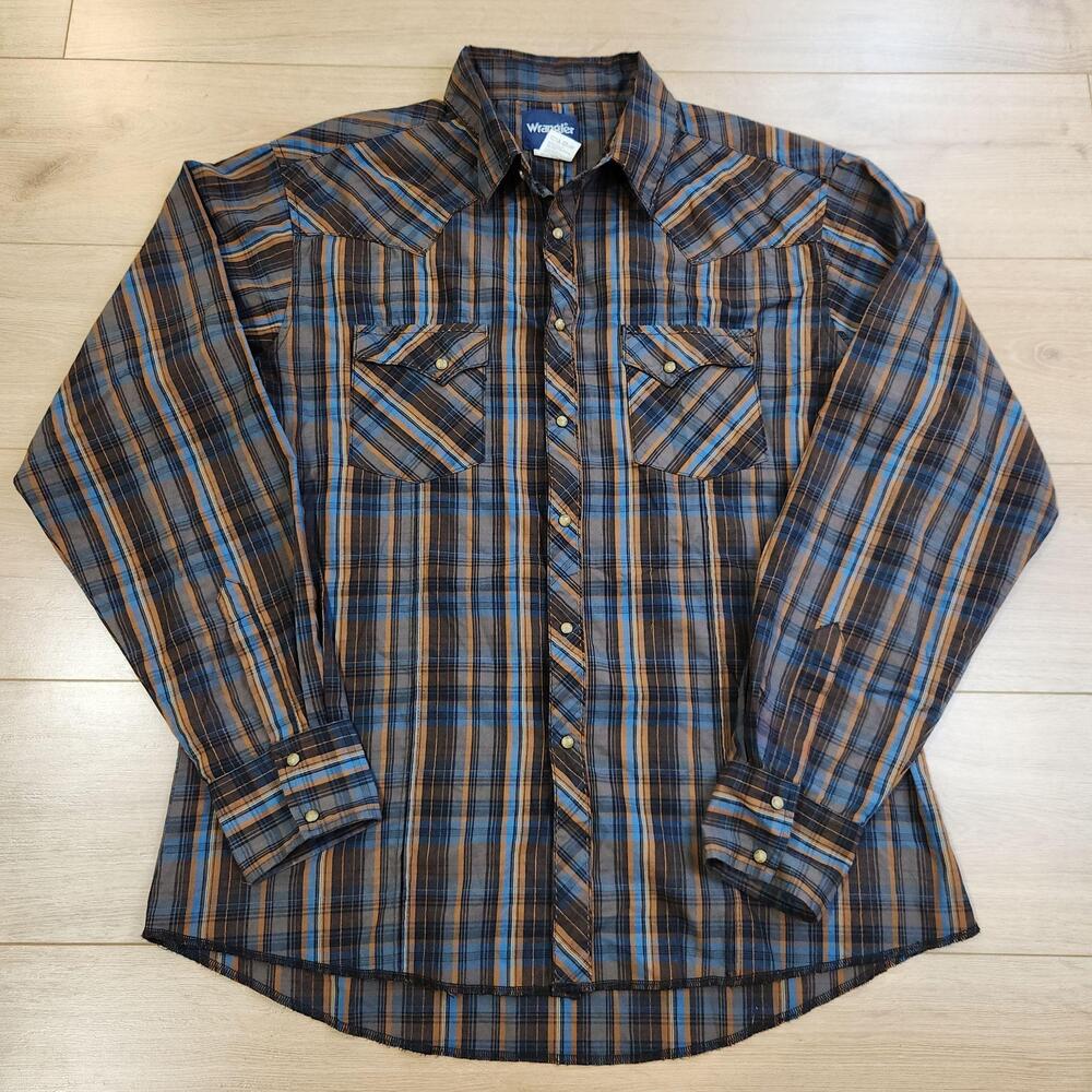 Wrangler Western Shirt Mens XL Blue Plaid Pearl Snap Long Sleeve Cowboy Casual